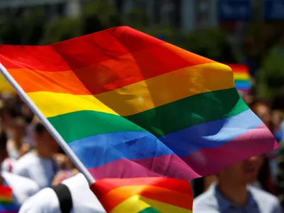 FILE PHOTO: The rainbow flag, commonly known as the gay pride flag or LGBT pride flag, is seen during the first Gay Pride parade in Skopje, North Macedonia June 29, 2019. REUTERS/Ognen Teofilovski