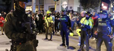 Police stand guard outside the Medicentro hospital where Colombian senator and presidential candidate Miguel Uribe Turbay is being treated after he was shot during a campaign rally in Bogota, Colombia, Saturday, June 7, 2025. (AP Photo/Jhon Wilson Vizcaino)