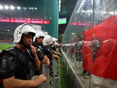 Soccer Football - World Cup - European Qualifiers - Group K - Albania v Serbia - Arena Kombetare, Tirana, Albania - June 7, 2025 Riot police are seen during the match REUTERS/Florion Goga
