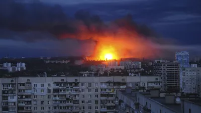Fire and smoke rise from the site where a Russian missile struck a residential area in Kharkiv, Ukraine, Saturday, June 7, 2025, (AP Photo/Anatolii Lysianskyi)