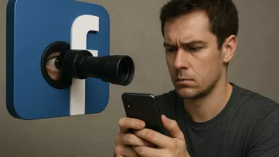 Facebook. vohunjenje. Simbolična fotografija, ustvarjena z umetno inteligenco.