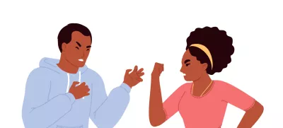 Family conflict vector illustration. Flat cartoon angry wife and husband quarrelling standing isolated on white background. Young married couple feeling aggressive emotions having relationship problem / Foto: Siberianart