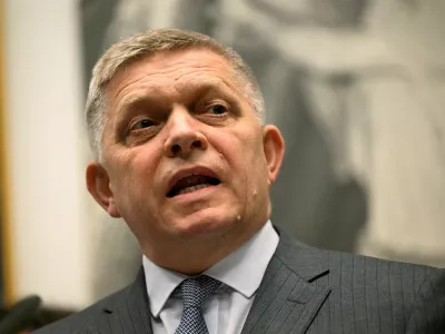 FILE PHOTO: Slovakia's Prime Minister Robert Fico attends a press conference, as he marks the anniversary of his attempted assassination, at the site of the attack, in Handlova, central Slovakia May 15, 2025. REUTERS/Radovan Stoklasa/File Photo