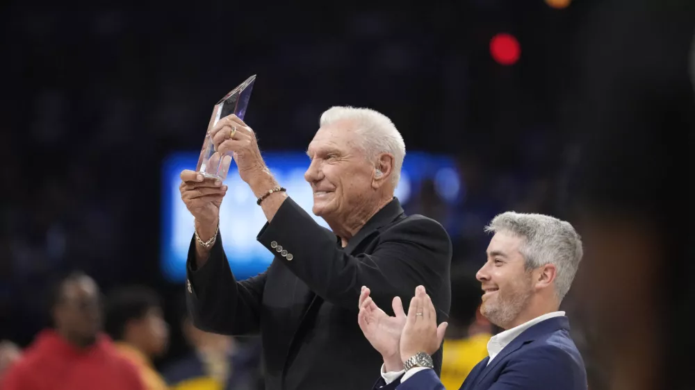 Jun 8, 2025; Oklahoma City, Oklahoma, USA; Don Nelson poses for a photo after receiving the 2025 Chuck Daly Lifetime Achievement Award during the first half during game two of the 2025 NBA Finals at Paycom Center. Mandatory Credit: Kyle Terada-Imagn Images
