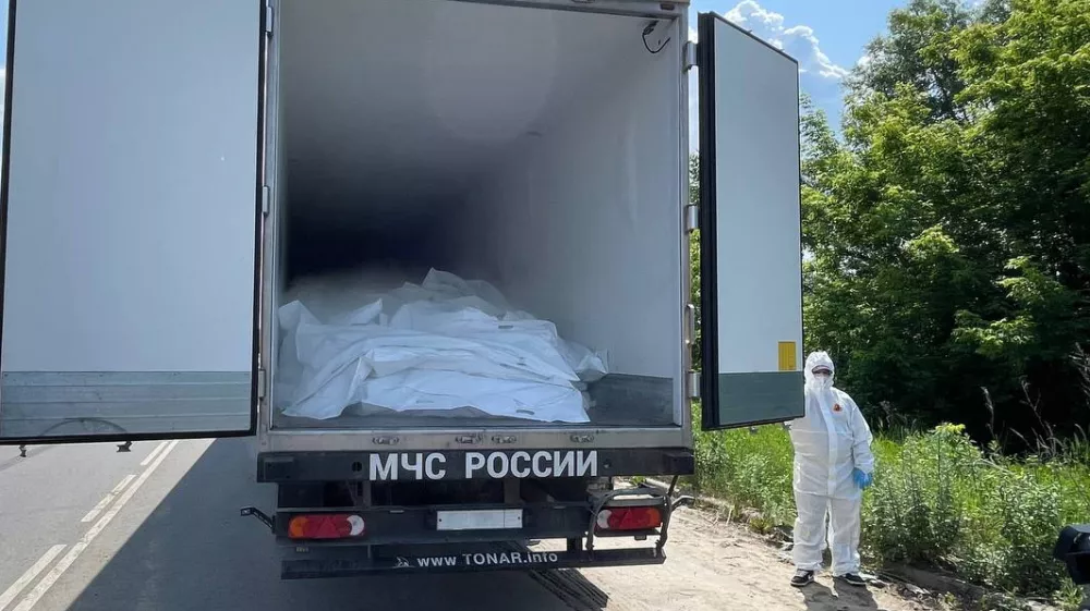 08 June 2025, Russia, --: A view of a truck carrying bodies of servicemen of the Ukrainian Armed Forces. Photo: Dmitry Radchenko/TASS via ZUMA Press/dpa