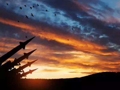 The missiles are aimed at the sky at sunset. Nuclear bomb, chemical weapons, missile defense, a system of salvo fire.