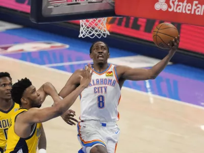 Jun 16, 2025; Oklahoma City, Oklahoma, USA; Oklahoma City Thunder forward Jalen Williams (8) shoots against Indiana Pacers center Tony Bradley (13) during the third quarter of game five of the 2025 NBA Finals at Paycom Center. Mandatory Credit: Kyle Terada-Imagn Images