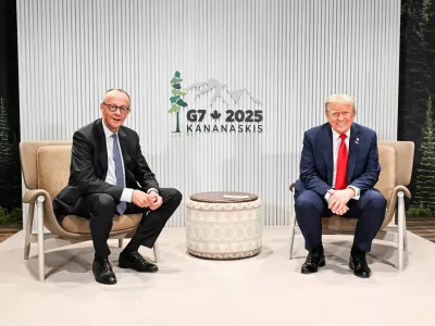 German Chancellor Friedrich Merz and U.S. President Donald Trump meet for their bilateral talks during the G7 Summit, in Kananaskis, Alberta, Canada, June 16, 2025. Guido Bergmann/Bundesregierung/Handout via REUTERS ATTENTION EDITORS - THIS IMAGE HAS BEEN SUPPLIED BY A THIRD PARTY. NO RESALES. NO ARCHIVES