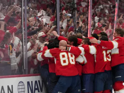 Jun 17, 2025; Sunrise, Florida, USA; The Florida Panthers celebrate winning game six of the 2025 Stanley Cup Final against the Edmonton Oilers at Amerant Bank Arena. Mandatory Credit: Jim Rassol-Imagn Images