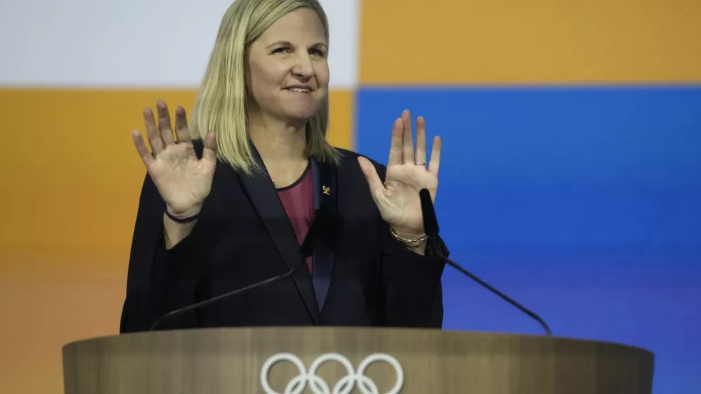 Kirsty Coventry gestures as she speaks after she was announced as the new IOC President at the International Olympic Committee 144th session in Costa Navarino, western Greece, Thursday, March 20, 2025. (AP Photo/Thanassis Stavrakis)