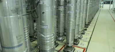 This photo released on Tuesday, Nov. 5, 2019 by the Atomic Energy Organization of Iran shows centrifuge machines in Natanz uranium enrichment facility in central Iran. Iran announced on Monday that had started gas injection into a 30-machine cascade of advanced IR-6 centrifuges in Natanz complex. (Atomic Energy Organization of Iran via AP)