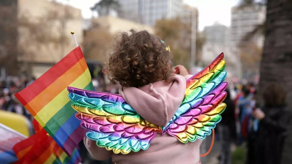 A girl wears rainbow colored wings during the LGBTQ+ Pride parade in Santiago, Chile, June 21, 2025. REUTERS/Pablo Sanhueza