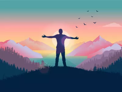 Person standing in front of sun with arms out, watching the beauty of nature and feeling the warmth of the sun. Happiness and personal freedom concept. Vector / Foto: Overearth