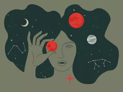 Female character holding planets, surrounded by stars and celestial bodies. Lady portrait in outer space. Exploration or education of astronomy and astrology. Cosmos and universe, vector in flat style / Foto: Sofia Vlasiuk