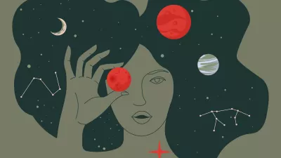 Female character holding planets, surrounded by stars and celestial bodies. Lady portrait in outer space. Exploration or education of astronomy and astrology. Cosmos and universe, vector in flat style / Foto: Sofia Vlasiuk