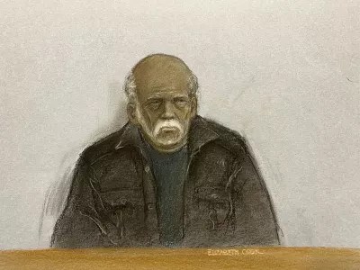 FILE - This court artist drawing by Elizabeth Cook shows 92-year-old Ryland Headley appearing via video link at Bristol Magistrates' Court, Nov. 20, 2024. (Elizabeth Cook/PA via AP, file)