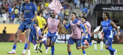 Al Hilal players celebrate following the Club World Cup round of 16 soccer match between Manchester City and Al Hilal in Orlando, Fla., Monday, June 30, 2025. (AP Photo/John Raoux)