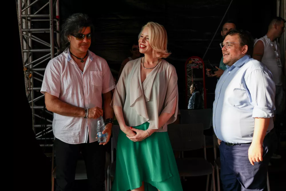 - Bor Zuljan, kitarist skupine &Scaron;ank rock,- Ur&scaron;ka Klakočar Zupančič, predsednica DZ RS, - Uro&scaron; Maljevac, minister za delo in socialne zadeve,- 14.06.2025. - Parada ponosa 2025.//Foto: Bojan Velikonja