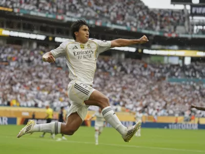 Real Madrid's Gonzalo Garcia celebrates after scoring during the Club World Cup round of 16 soccer match between Real Madrid and Juventus in Miami Gardens, Fla., Tuesday, July 1, 2025. (AP Photo/Rebecca Blackwell)