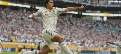 Real Madrid's Gonzalo Garcia celebrates after scoring during the Club World Cup round of 16 soccer match between Real Madrid and Juventus in Miami Gardens, Fla., Tuesday, July 1, 2025. (AP Photo/Rebecca Blackwell)