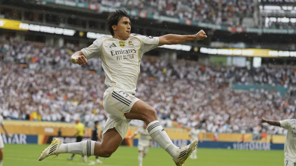 Real Madrid's Gonzalo Garcia celebrates after scoring during the Club World Cup round of 16 soccer match between Real Madrid and Juventus in Miami Gardens, Fla., Tuesday, July 1, 2025. (AP Photo/Rebecca Blackwell)