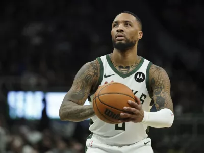 FILE - Milwaukee Bucks' Damian Lillard shoots a free throw during the second half of an NBA basketball game against the Orlando Magic, March 8, 2025, in Milwaukee. (AP Photo/Aaron Gash, File)