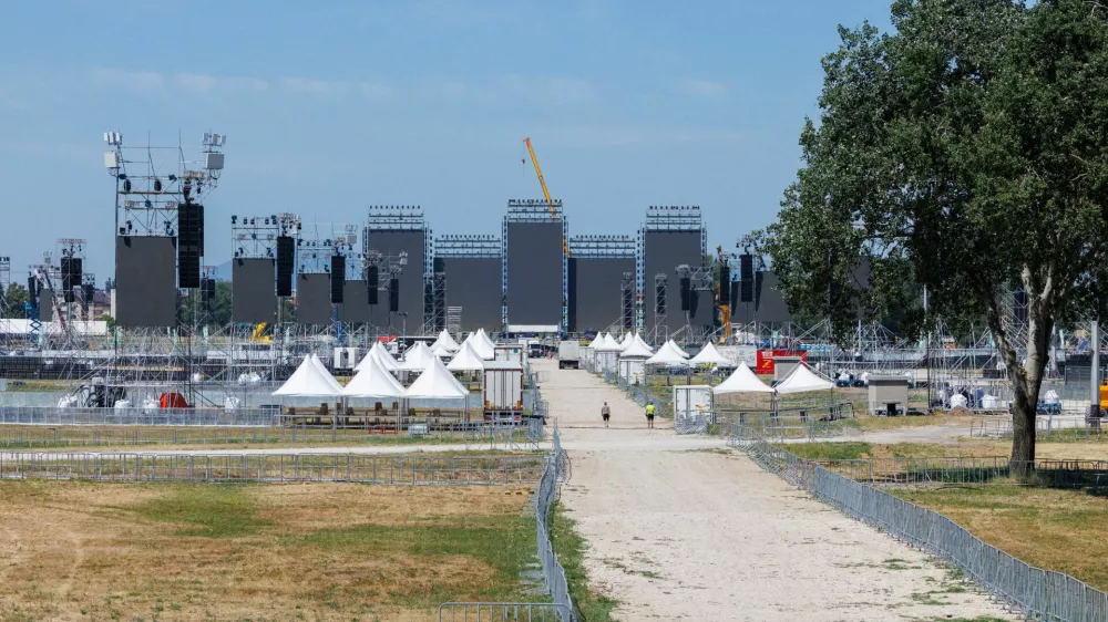 Stage is being built for the Croatian singer Marko Perkovic Thompson poised to break world record for largest paid concert in Zagreb, Croatia, July 2, 2025. REUTERS/Antonio Bronic