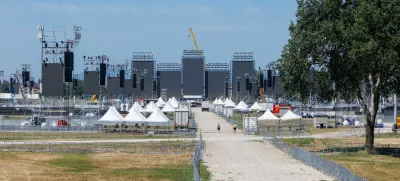 Stage is being built for the Croatian singer Marko Perkovic Thompson poised to break world record for largest paid concert in Zagreb, Croatia, July 2, 2025. REUTERS/Antonio Bronic