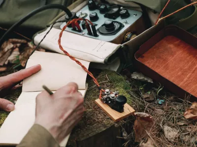Russian Soviet Infantry Red Army Soldier In World War II using Russian Soviet Portable Radio Transceiver In Trench Entrenchment In Spring Autumn Forest.. Headphones And Telegraph Key. Close Up Hands, / Foto: Bruev