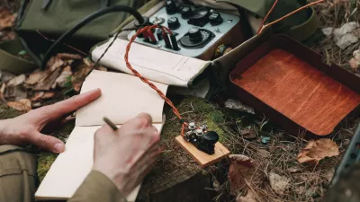 Russian Soviet Infantry Red Army Soldier In World War II using Russian Soviet Portable Radio Transceiver In Trench Entrenchment In Spring Autumn Forest.. Headphones And Telegraph Key. Close Up Hands, / Foto: Bruev