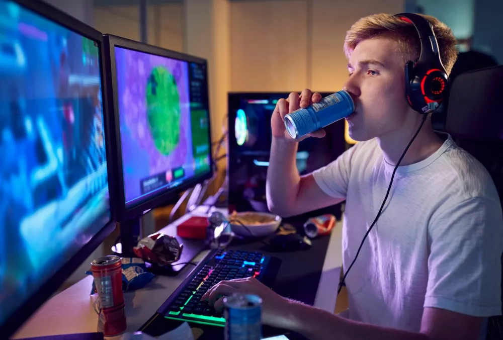 Teenage Boy Drinking Caffeine Energy Drink Gaming At Home Using Dual Computer Screens At Night / Foto: Monkeybusinessimages