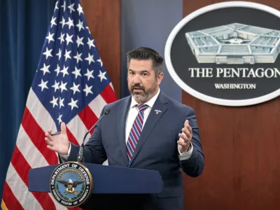 Pentagon spokesman Sean Parnell speaks during a press briefing at the Pentagon, Wednesday, July 2, 2025, in Washington. (AP Photo/Mark Schiefelbein)