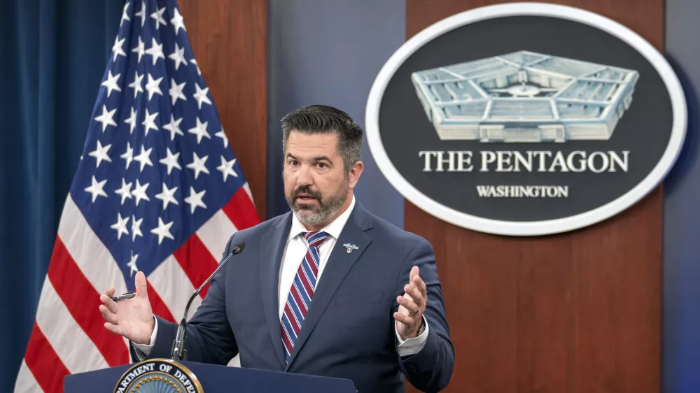 Pentagon spokesman Sean Parnell speaks during a press briefing at the Pentagon, Wednesday, July 2, 2025, in Washington. (AP Photo/Mark Schiefelbein)