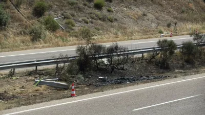 The site of the car accident in which Liverpool player Diogo Jota and his brother died in the north-western city of Zamora, Spain, Thursday, July 3, 2025. (AP Photo/Emilio Fraile)