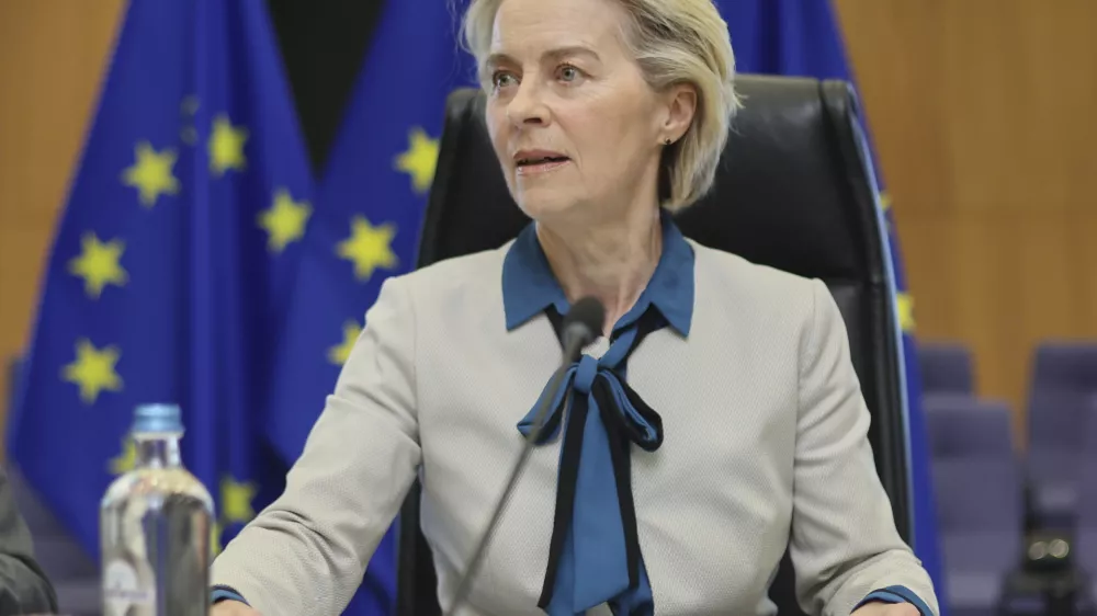 European Commission President Ursula von der Leyen speaks during a strategic dialogue with leaders of the European defense industry at EU headquarters in Brussels, Monday, May 12, 2025. (Olivier Hoslet, Pool Photo via AP)