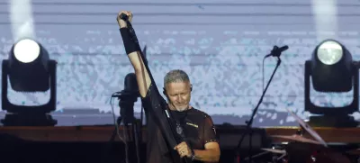 Marko Perkovic Thompson performs during the concert that is poised to break the world record for largest paid concert, in Zagreb, Croatia, July 5, 2025. REUTERS/Antonio Bronic