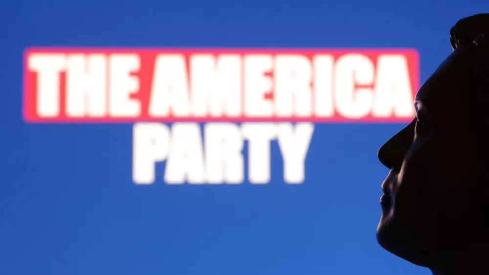 3D printed miniature depicting Elon Musk and words "The America Party" are seen in this illustration taken July 7, 2025. REUTERS/Dado Ruvic/Illustration