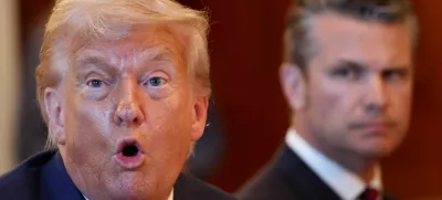 U.S. Defense Secretary Pete Hegseth looks at U.S. President Donald Trump as he speaks during a bilateral dinner with Israeli Prime Minister Benjamin Netanyahu (not pictured), at the White House in Washington, D.C., U.S., July 7, 2025. REUTERS/Kevin Lamarque   TPX IMAGES OF THE DAY