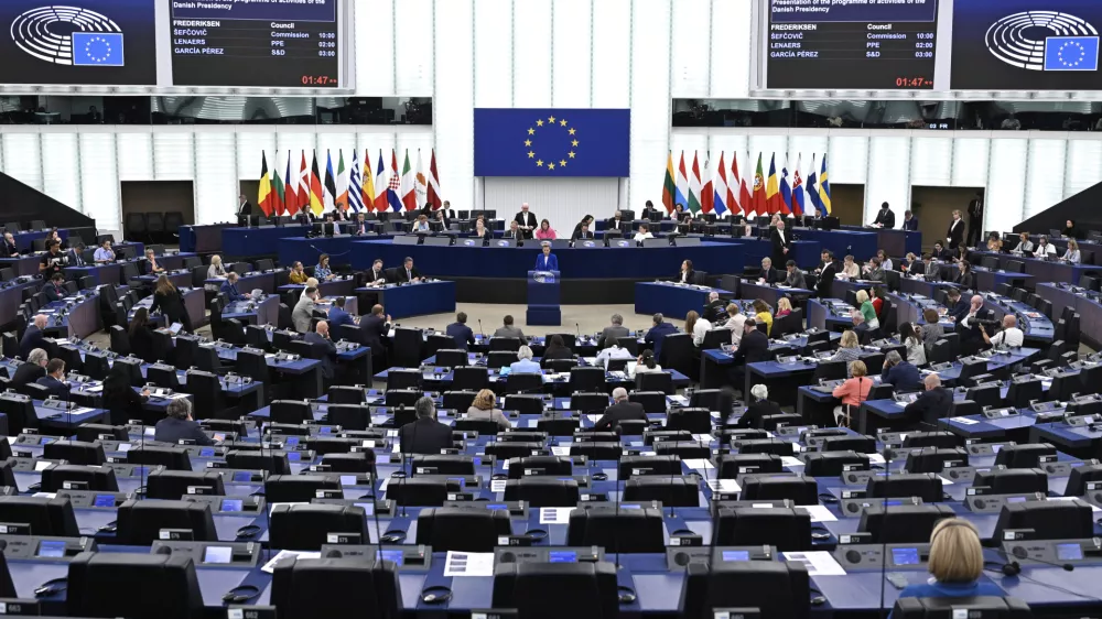 Denmark's Prime Minister Mette Frederiksen delivers her speech as Denmark holds the rotating presidency of the Council of Europe, Tuesday, July 8, 2025 at the European Parliament in Strasbourg, eastern France. (AP Photo/Pascal Bastien)