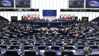 Denmark's Prime Minister Mette Frederiksen delivers her speech as Denmark holds the rotating presidency of the Council of Europe, Tuesday, July 8, 2025 at the European Parliament in Strasbourg, eastern France. (AP Photo/Pascal Bastien)