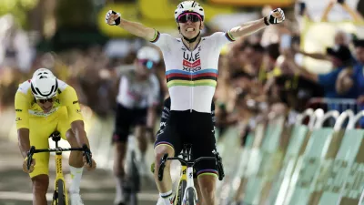 Cycling - Tour de France - Stage 4 - Amiens to Rouen - Rouen, France - July 8, 2025 UAE Team Emirates XRG's Tadej Pogacar celebrates winning stage 4 REUTERS/Benoit Tessier