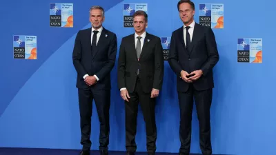 NATO Secretary General Mark Rutte and Dutch Prime Minister Dick Schoof welcome Slovenian Prime Minister Robert Golob at a NATO summit in The Hague, Netherlands June 25, 2025. REUTERS/Claudia Greco