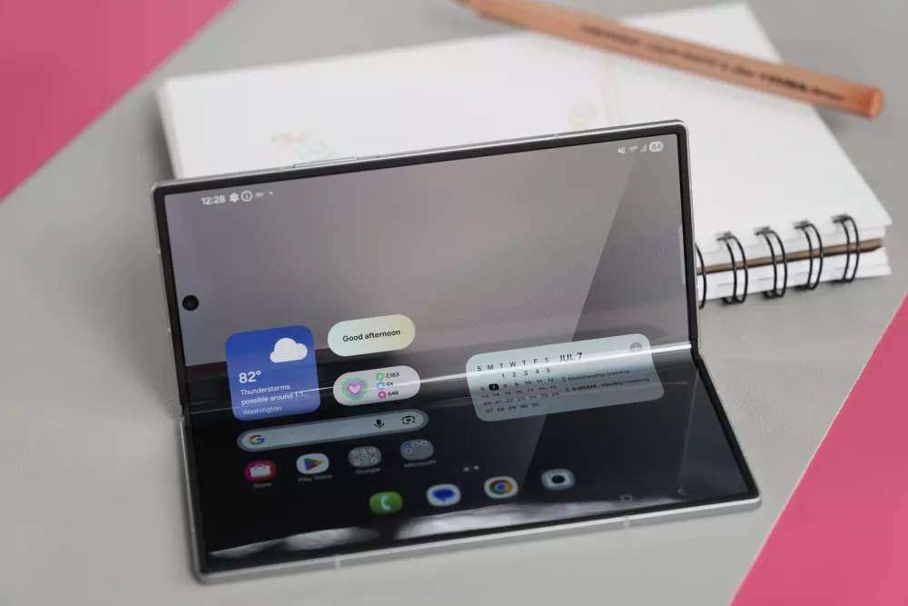 The new Galaxy Z Fold 7 is displayed during a Samsung preview event in New York, Monday, July 7, 2025. (AP Photo/Seth Wenig)