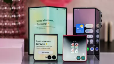 A Samsung Galaxy Z Flip 7 phone are displayed during an event in New York, U.S., July 8, 2025. REUTERS/Jeenah Moon