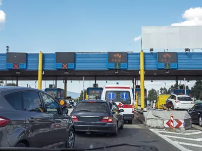 traffic jam on a toll road in Europe on a sunny day. Travelling by car