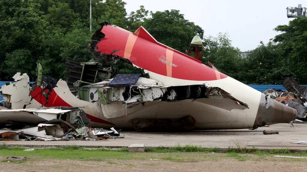 Wreckage of the Air India Boeing 787-8 Dreamliner plane sits on the open ground, outside Sardar Vallabhbhai Patel International Airport, where it took off and crashed nearby shortly afterwards, in Ahmedabad, India July 12, 2025. REUTERS/Amit Dave