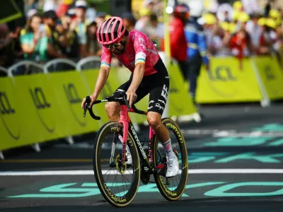 Cycling - Tour de France - Stage 10 - Ennezat to Mont-Dore - Ennezat, France - July 14, 2025 EF Education - EasyPost's Ben Healy reacts after crossing the line in third place in Stage 10 REUTERS/Sarah Meyssonnier
