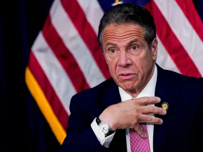 FILE PHOTO: New York Governor Andrew Cuomo speaks during a news conference, in New York, U.S., May 10, 2021. Mary Altaffer/Pool via REUTERS/File Photo
