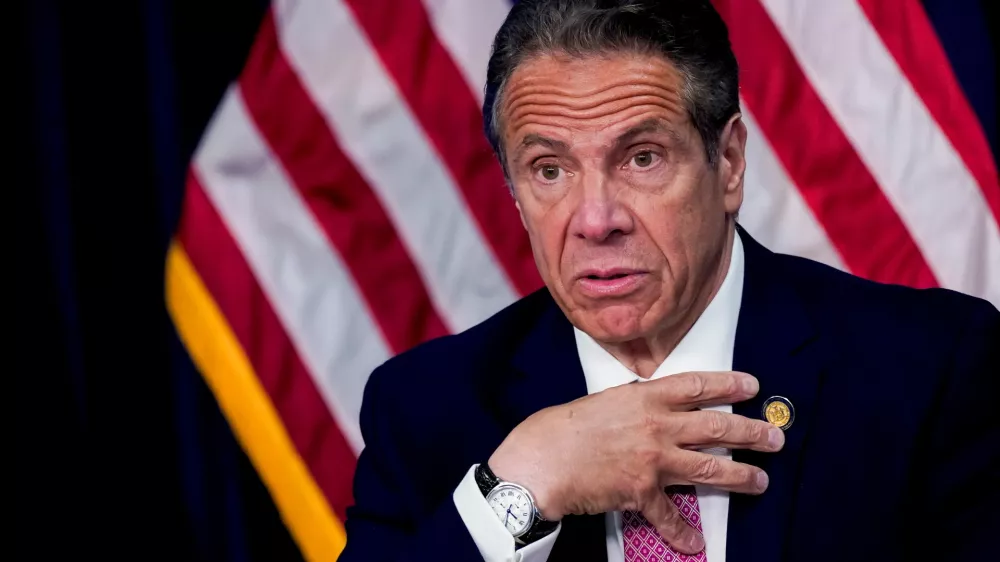 FILE PHOTO: New York Governor Andrew Cuomo speaks during a news conference, in New York, U.S., May 10, 2021. Mary Altaffer/Pool via REUTERS/File Photo