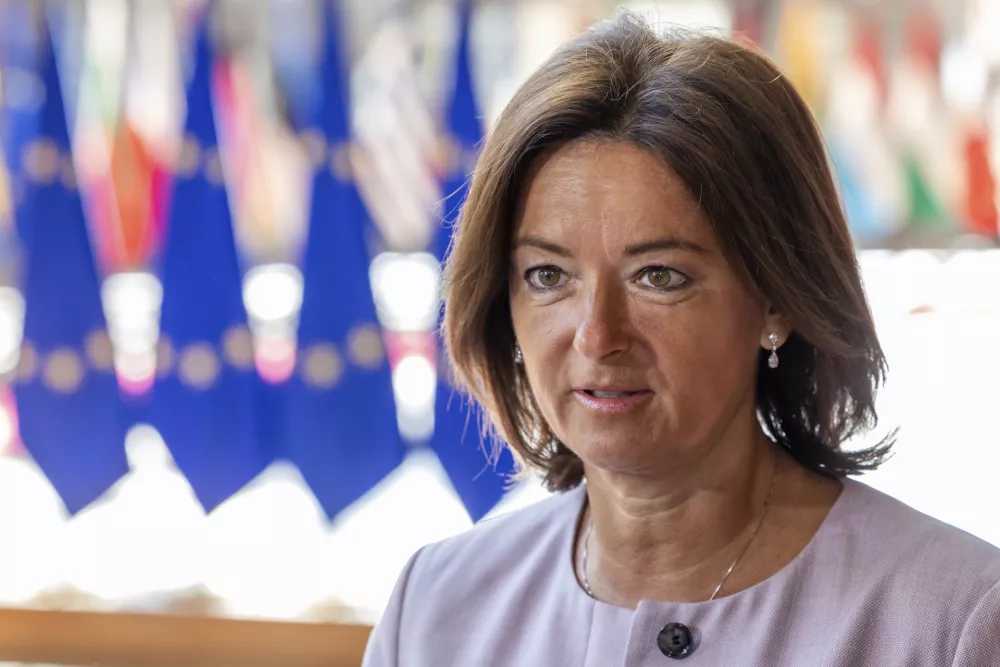 Slovenia's Foreign Minister Tanja Fajon arrives for EU foreign ministers meeting at the EU Council building in Brussels, Tuesday, July 15, 2025. (AP Photo/Geert Vanden Wijngaert)